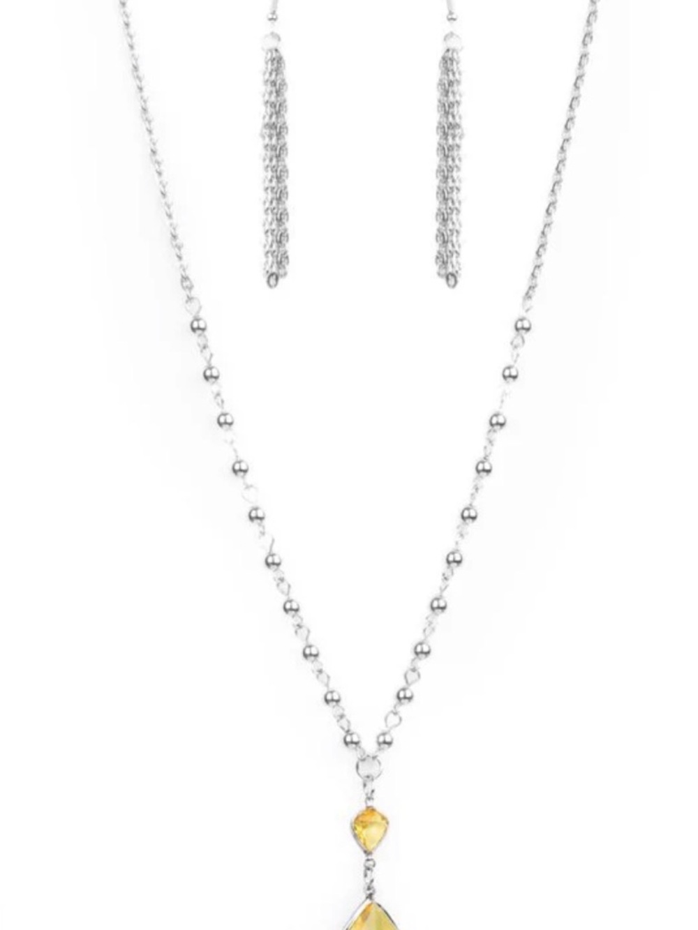 Silver Tone Yellow Crystal Pendant Necklace and Tassel Earrings Set
